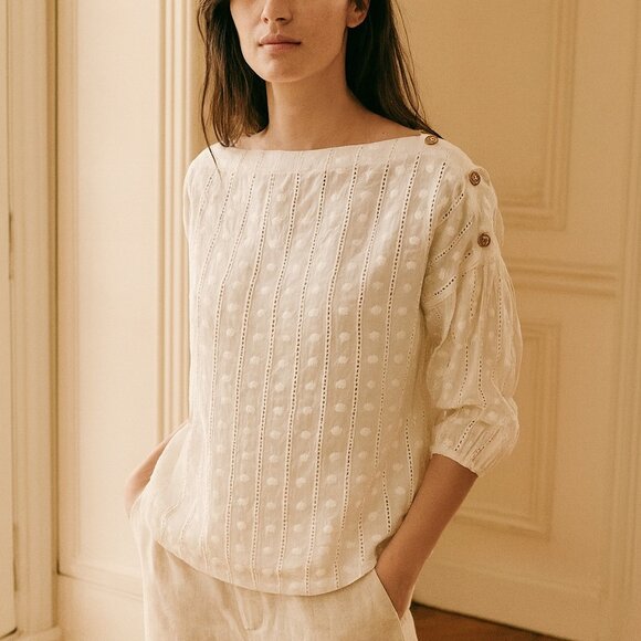 Buru White  Button Embroidered Detail 3/4 Sleeve   Top Small - Picture 1 of 8